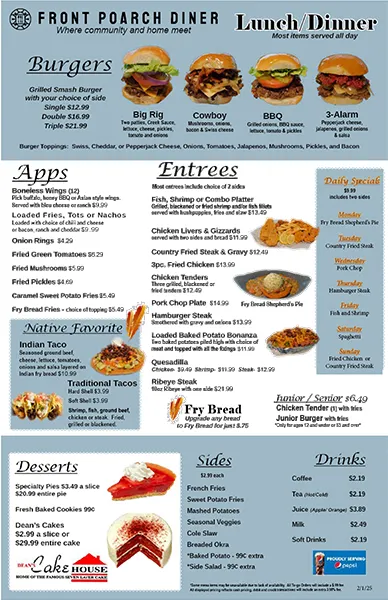 Small version of our current Diner Menu.